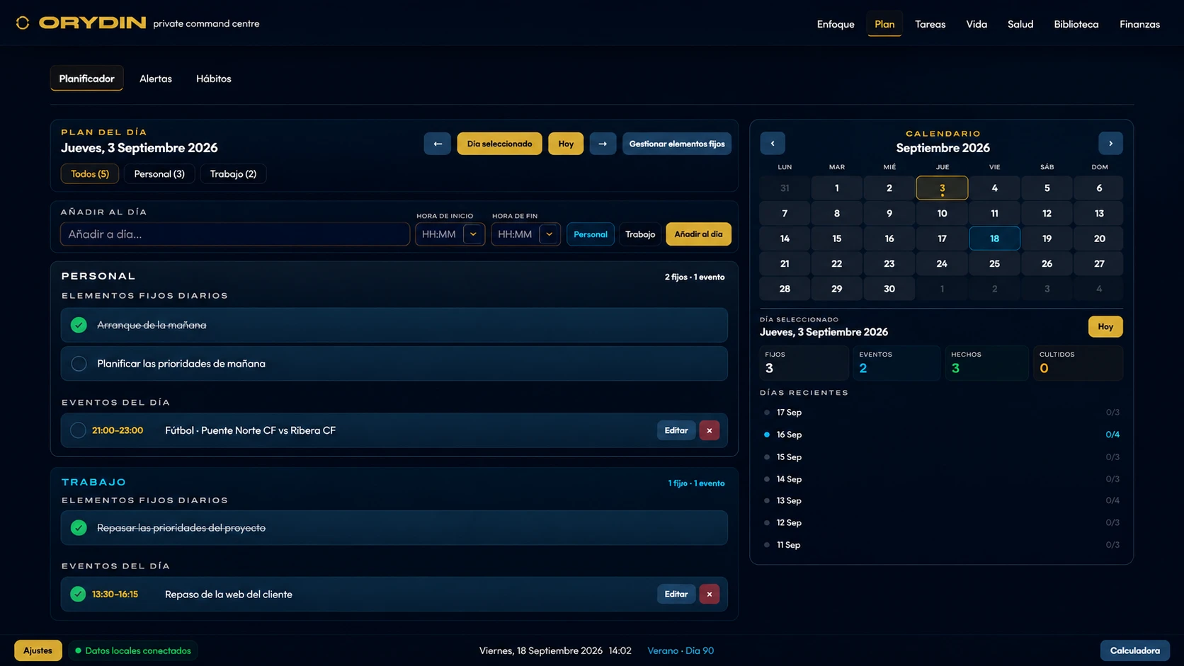 Interfaz de Orydin Planner mostrando el plan del día, eventos personales y de trabajo, añadir al día, y el calendario mensual