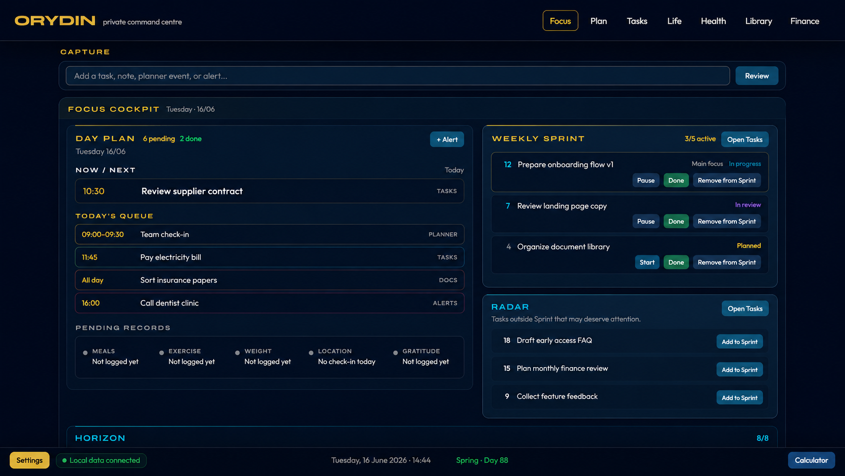 Orydin Focus interface with capture, day plan, weekly sprint and radar areas