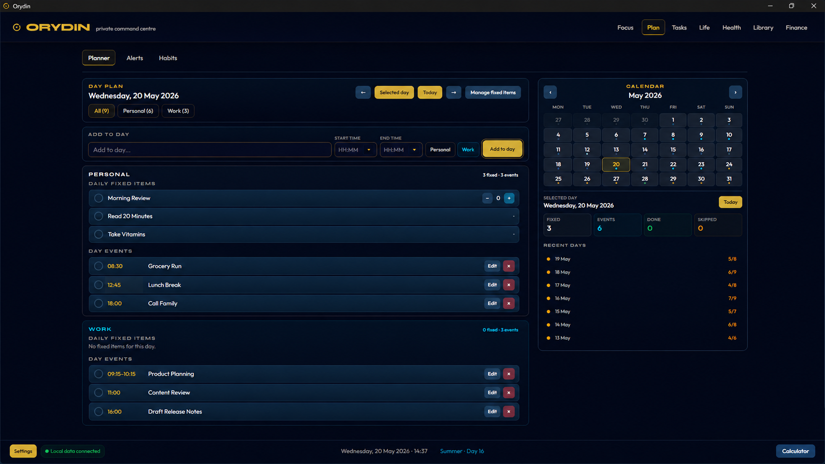 Orydin Planner interface showing day plan, personal and work events, add to day, and the month calendar