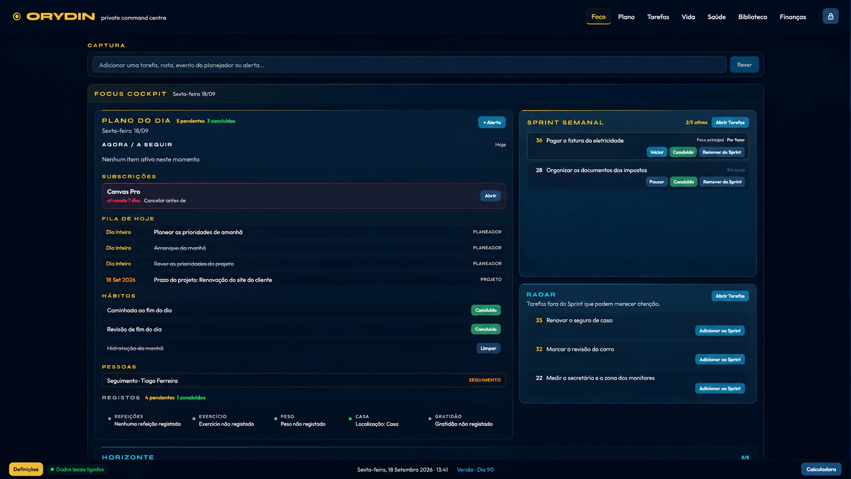 Interface do Orydin Focus com captura, plano do dia, sprint semanal e áreas de radar