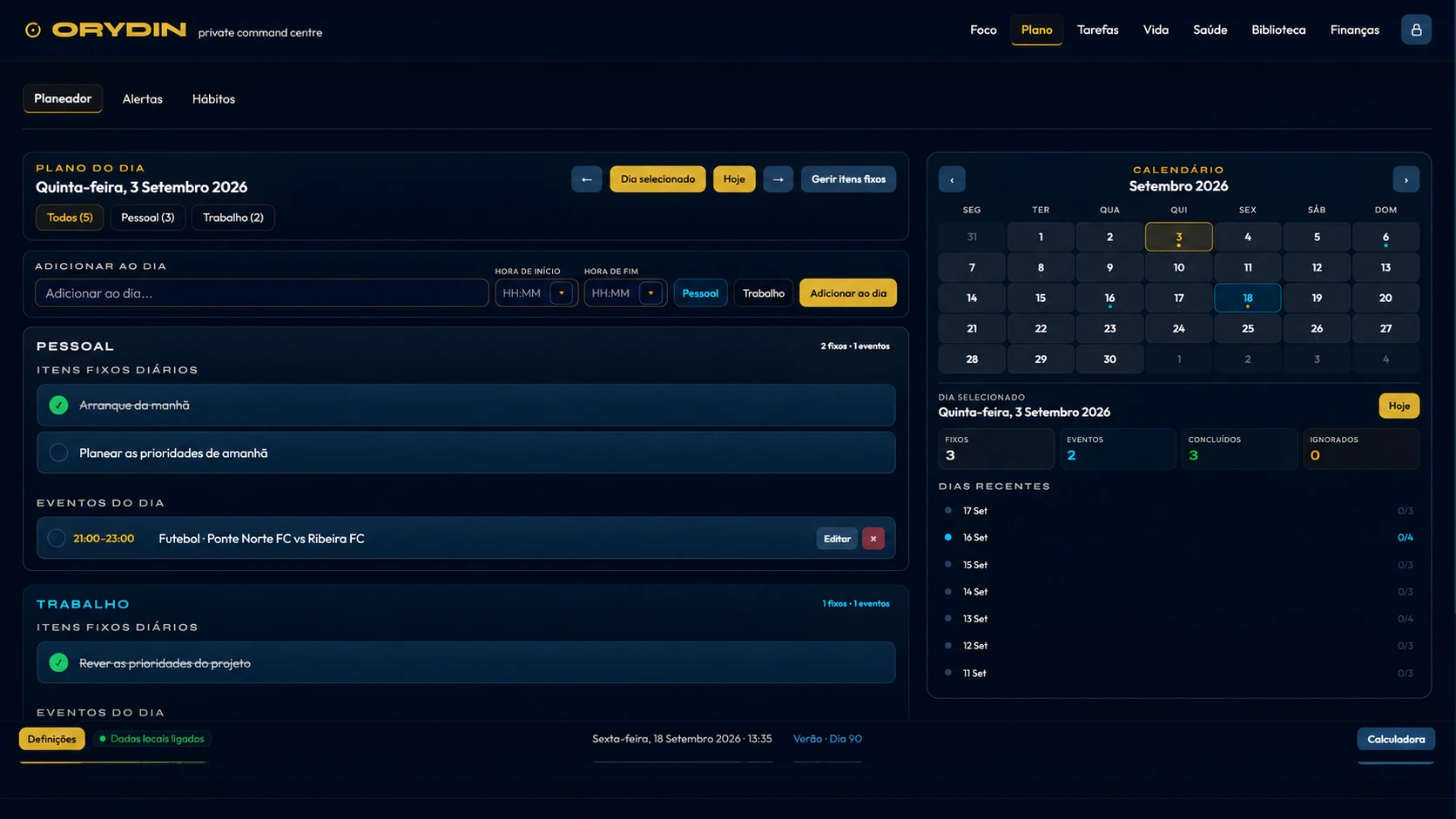 Interface do Orydin Planner a mostrar o plano do dia, eventos pessoais e de trabalho, adicionar ao dia, e o calendário mensal